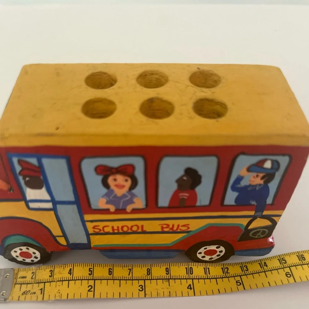 Colorful Wooden School Bus Pencil Holder